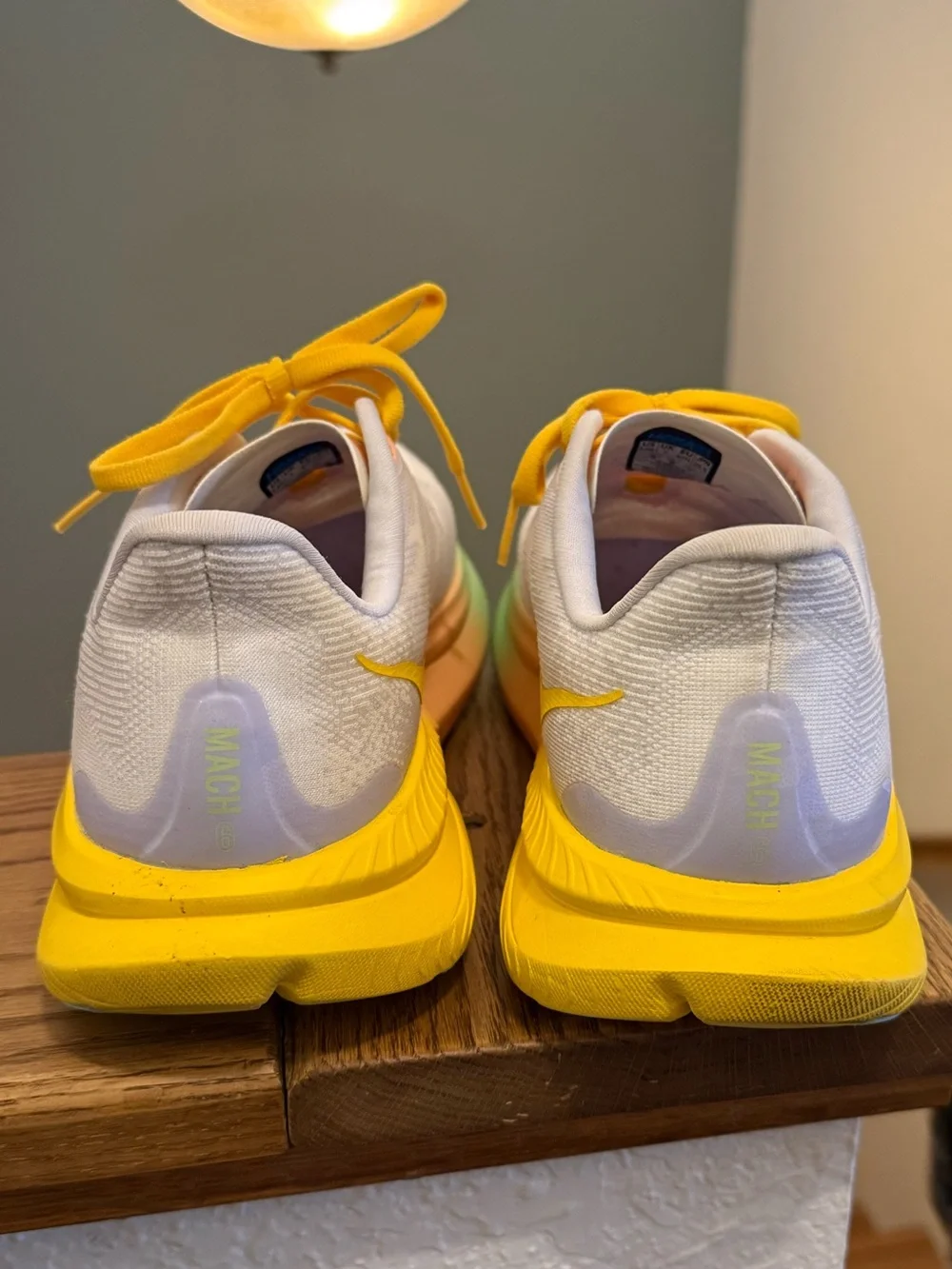 Hoka White Running Shoes with Yellow Laces & Pastel Gradient Midsole - Picture 4 of 7